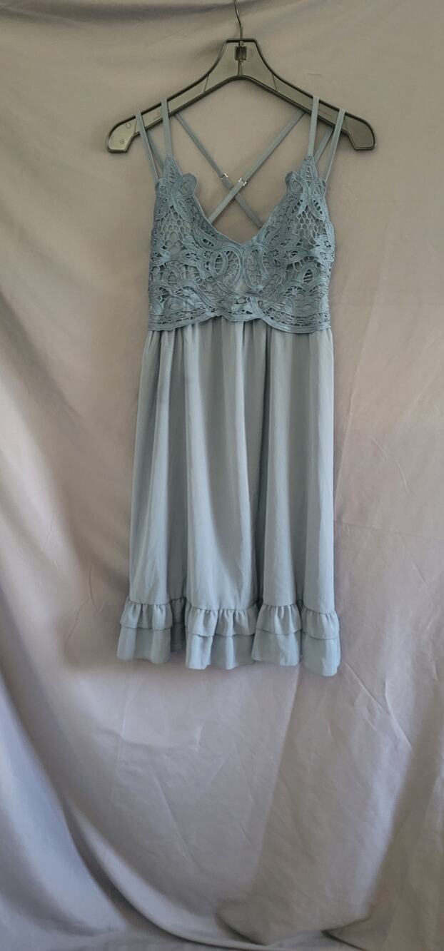 Feager Dusty Blue Crochet Lace Floral Mini Dress